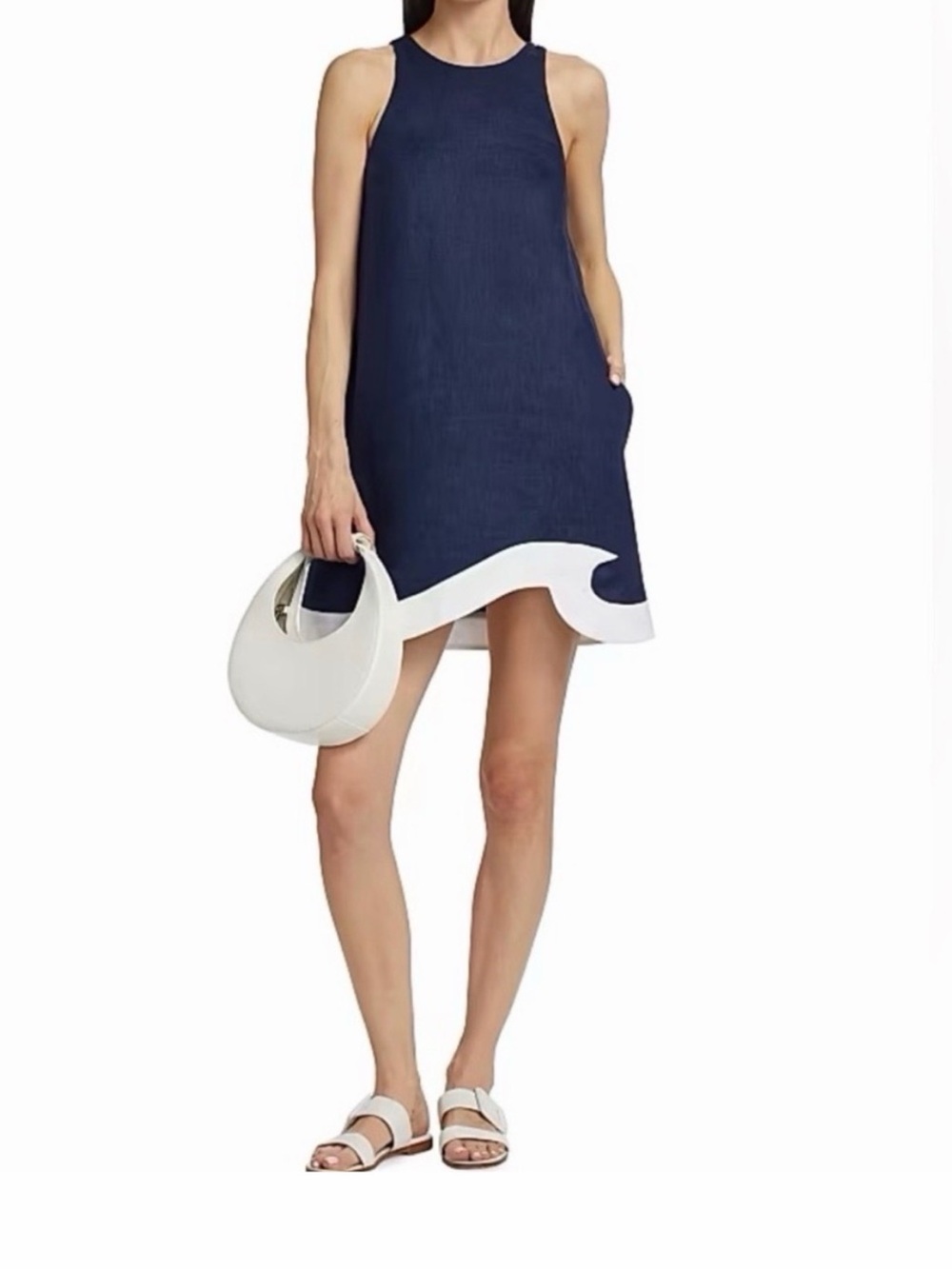STAUD ALLORI DRESS Navy and White Wave-Hem Mini Dress